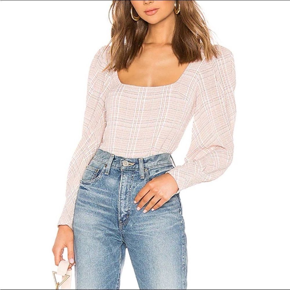 Atoir Down To You Pink Plaid Puff Sleeve Square Neck Textured Blouse Sz S